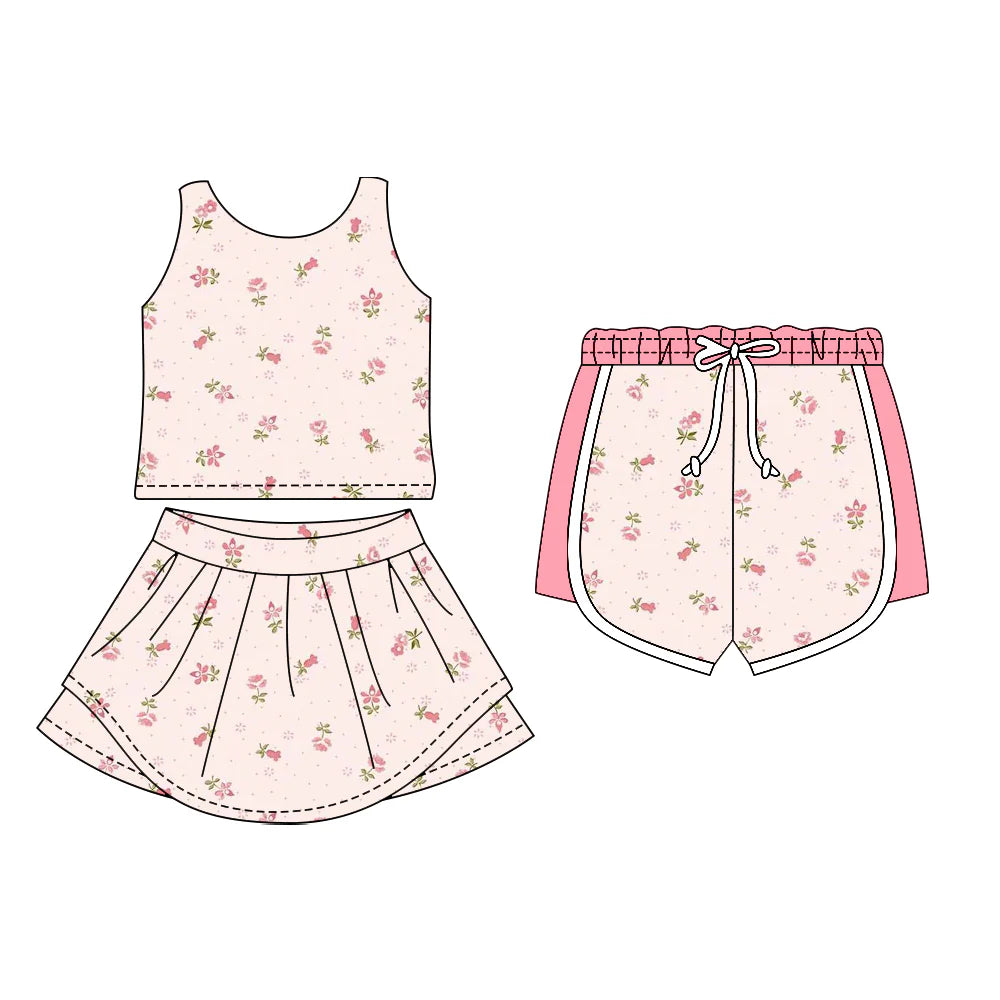 ( Moq 5 Each Style ) Sibling Baby Girls Sleeveless Floral Tops Pink Shorts Skirt Set