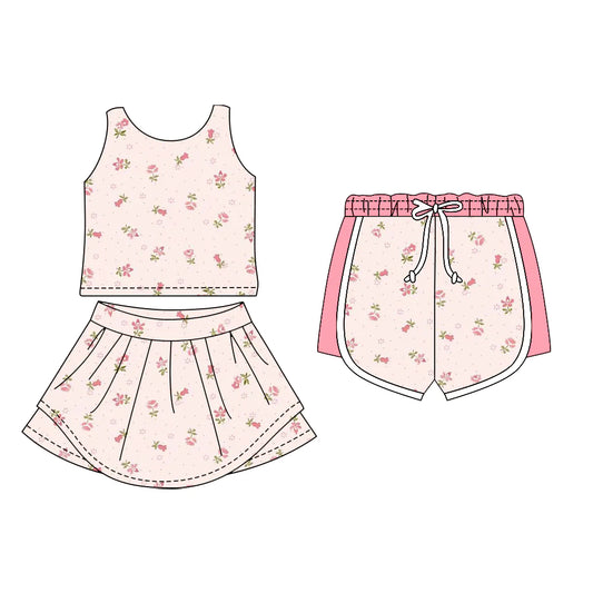 ( Moq 5 Each Style ) Sibling Baby Girls Sleeveless Floral Tops Pink Shorts Skirt Set