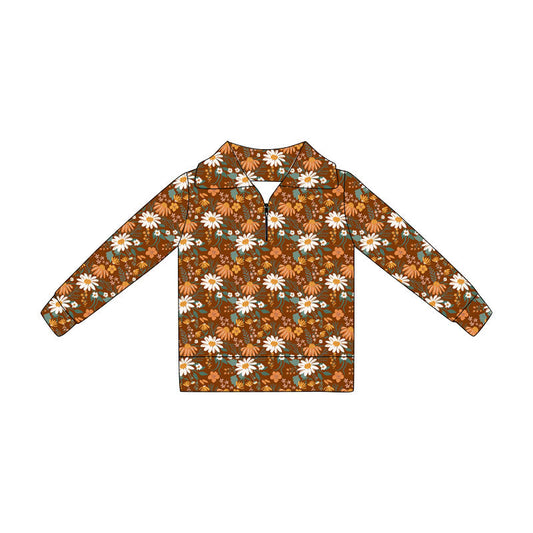 ( Moq 5 ) Preorder Baby Girls Kids Long Sleeves Flower Zipper Pullover Fall Shirt