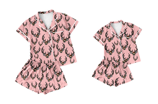 Baby Girl Toddler Adult Women Short Sleeves Deer Shorts Sibling Family Pajamas Set ( Moq 5 Each Style ) 12.16