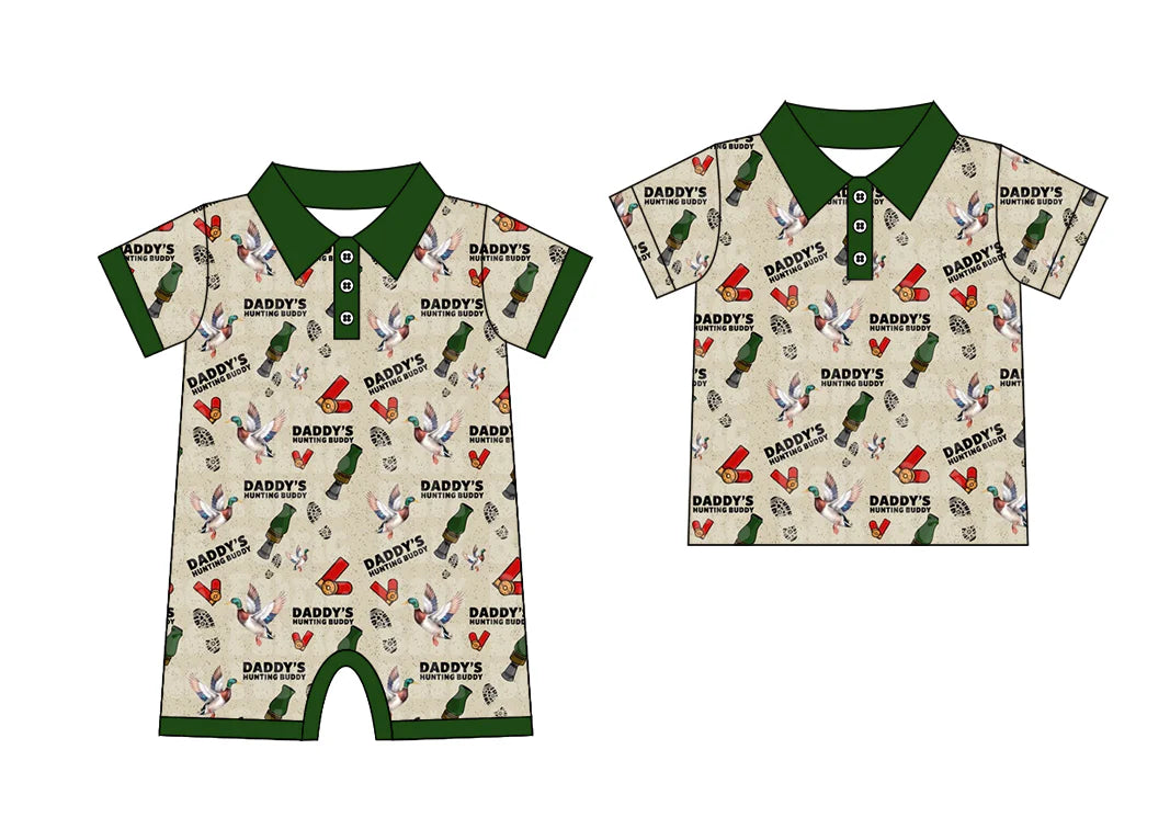 ( Moq 5 Each Style ) Baby Boys Short Sleeves Daddy's Ducks Sibling Hunting Buttons Romper Set