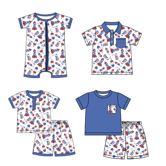 Baby Boy Blue Short Sleeves 4th Of July Sibling Romper Shirt Set ( Moq 5 Each Style ) 3.28