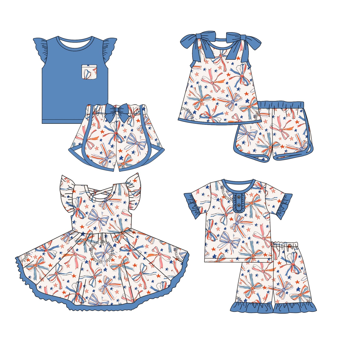 Baby Girl Short Sleeves 4th of July Bows Sibling Dress Set ( Moq 5 Each Style ) 3.12