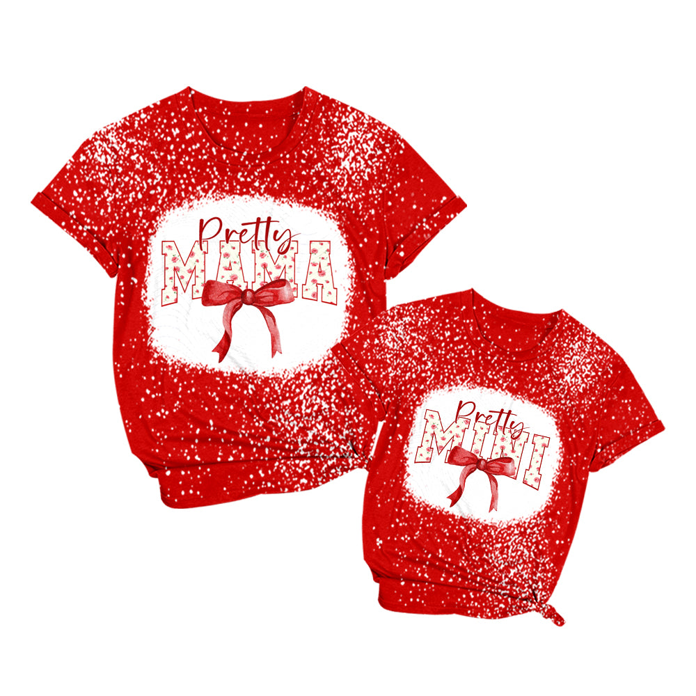 Baby Girl Toddler Adult Women Red Short Sleeves Mama Mini Bows Shirt Tops ( Moq 5 Each Style )11.30