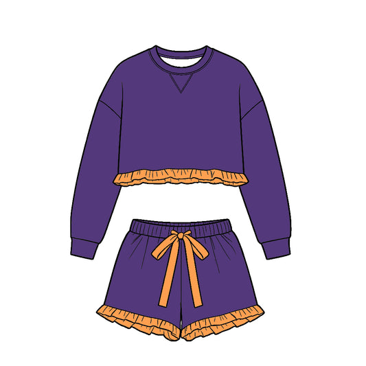 ( Moq 5 ) Baby Girls Kids Purple Long Sleeves Ruffle Shirt Shorts Set Cotton Clothes