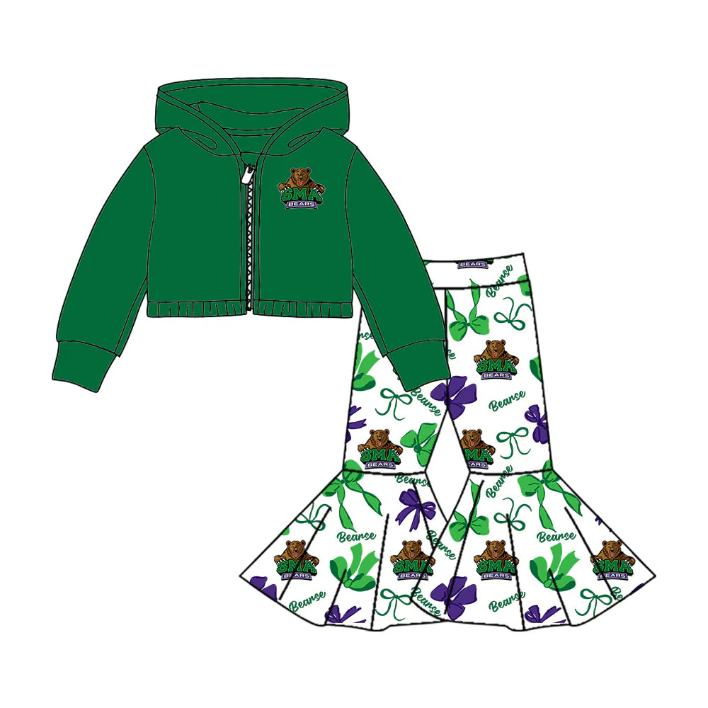 ( Moq 5 each style ) Baby Girl Team Sibling Bear Green Bows Dress Set 7.24