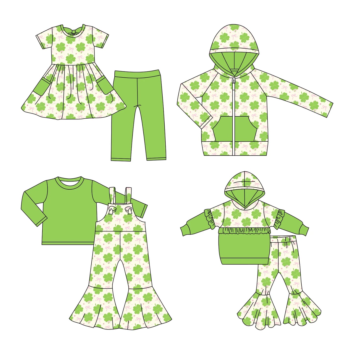 ( Moq 5 Each Style ) Baby Girls Clovers Bows St. Patrick's Day Sibling Green Hoodie Shirt Sets