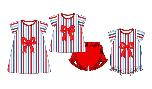 Baby Girl Short Sleeves July 4th Stripes Bows Sibling Romper Dress Clothes Set ( Moq 5 Each Design )11.25