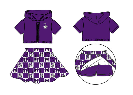 ( Moq 5 Each Style ) Baby Girls Toddler Purple Hoodie Zipper Tops Cats Bows Shorts Skirt Team Set