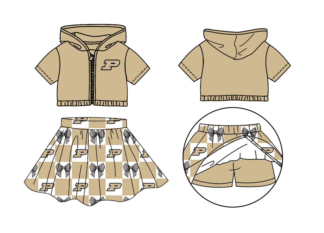 ( Moq 5 Each Style ) Baby Girls Short Sleeves P Hoodie Zipper Tops Bows Plaid Shorts Skirt Team Set