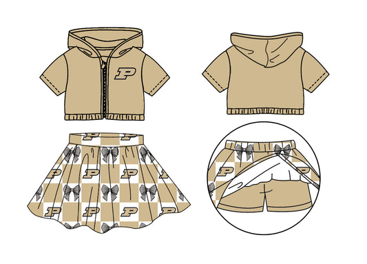 ( Moq 5 Each Style ) Baby Girls Short Sleeves P Hoodie Zipper Tops Bows Plaid Shorts Skirt Team Set