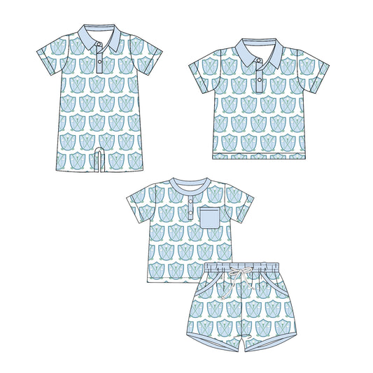 ( Moq 5 Each Style ) Sibling Baby Boys Kids Short Sleeves Golf Blue Shirt Set Romper Clothes