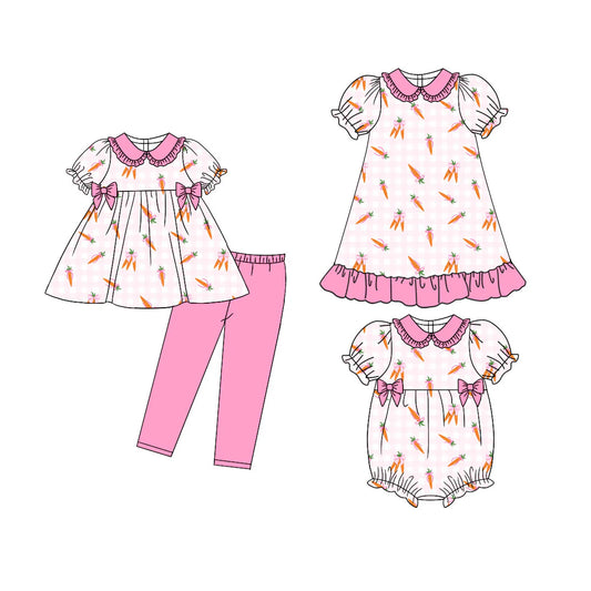 ( Moq 5 Each Style ) Baby Girls Kids Short Sleeves Carrots Bows Sibling Easter Romper Dress Set