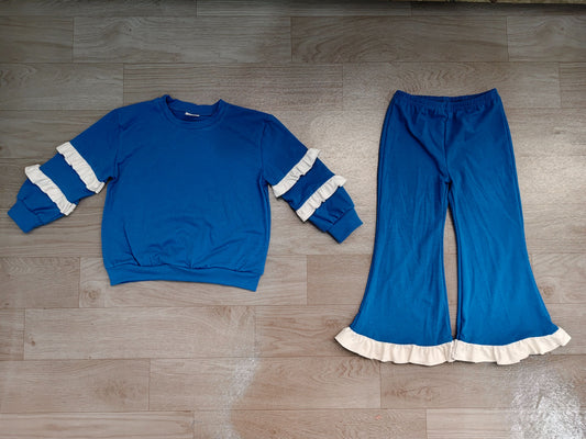 ( No moq ) Preorder Baby Girls Kids Long Sleeves Tops Bell Pants Blue Set Cotton Clothes