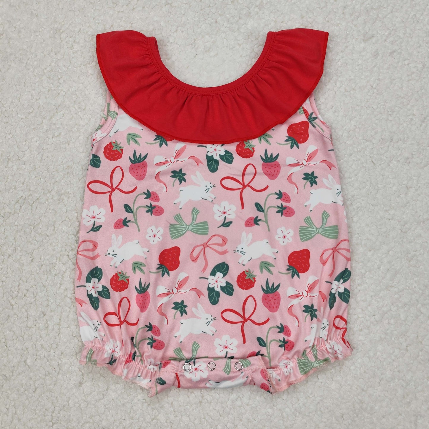 Baby Girl Infant Sleeveless Strawberry Bows Bubble Romper RTS