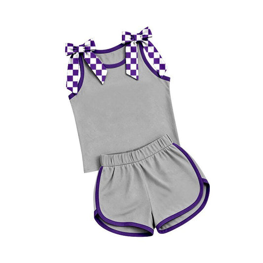 ( Moq 5 ) Preorder Baby Girls Kids Purple Checked Bows Shirt Shorts Grey Set Summer Clothes