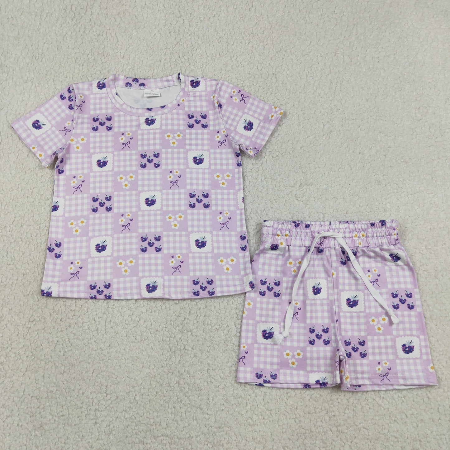 Baby Girl Kids Short Sleeves Flower Purple Plaid Shirt Shorts Set Summer Clothes RTS