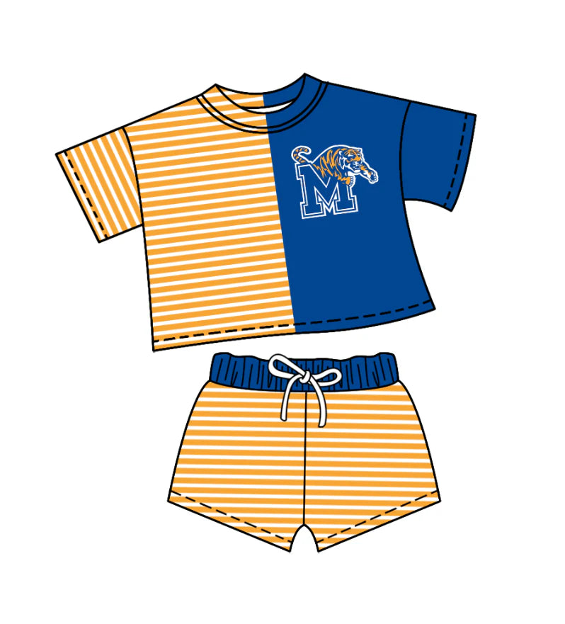 ( Moq 5 ) Baby Girls Short Sleeves Tiger Shirt Stripes Shorts Team Clothes Set