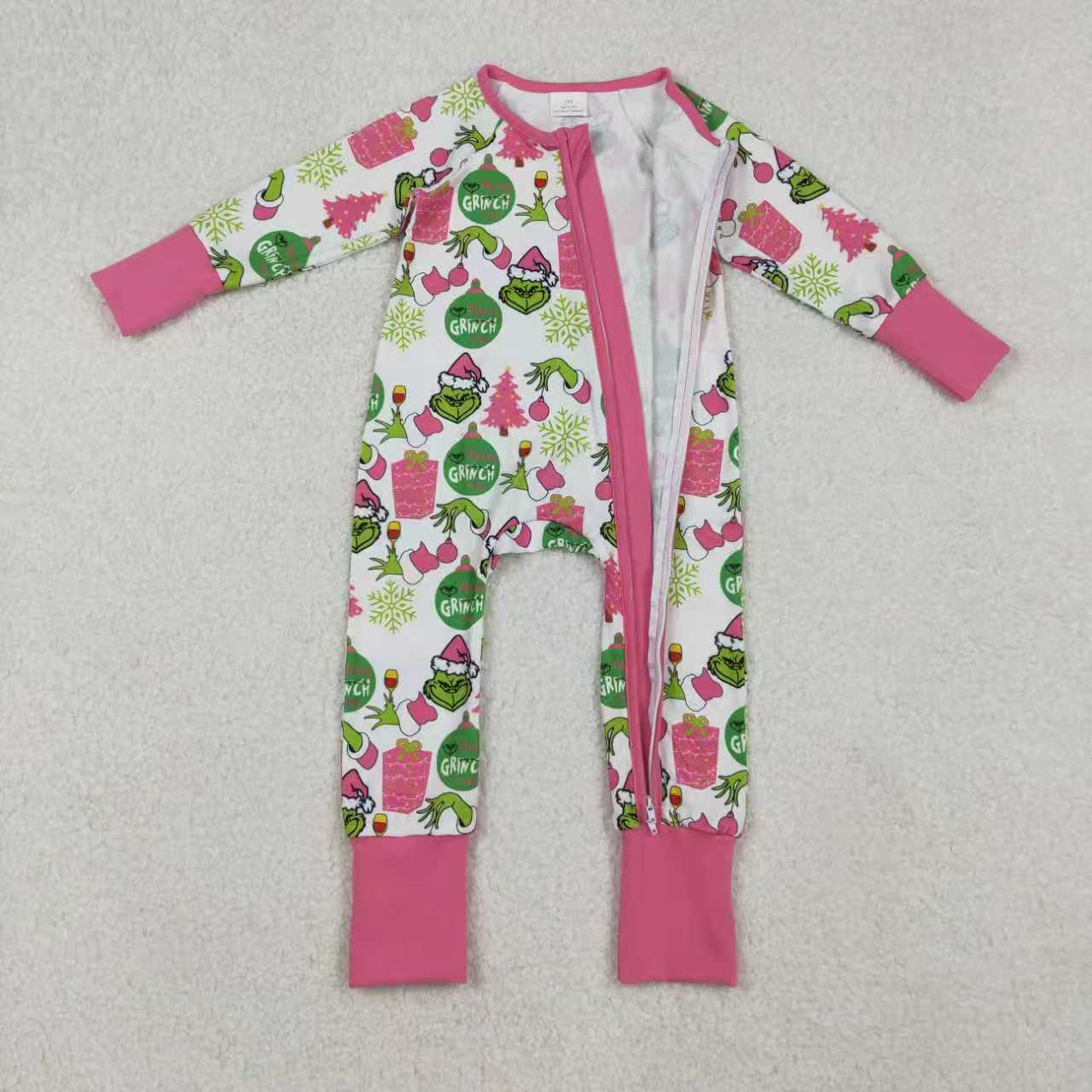Sibling Girls Kids Long Sleeves Green Face Tree Christmas Zipper Romper Dress Set RTS