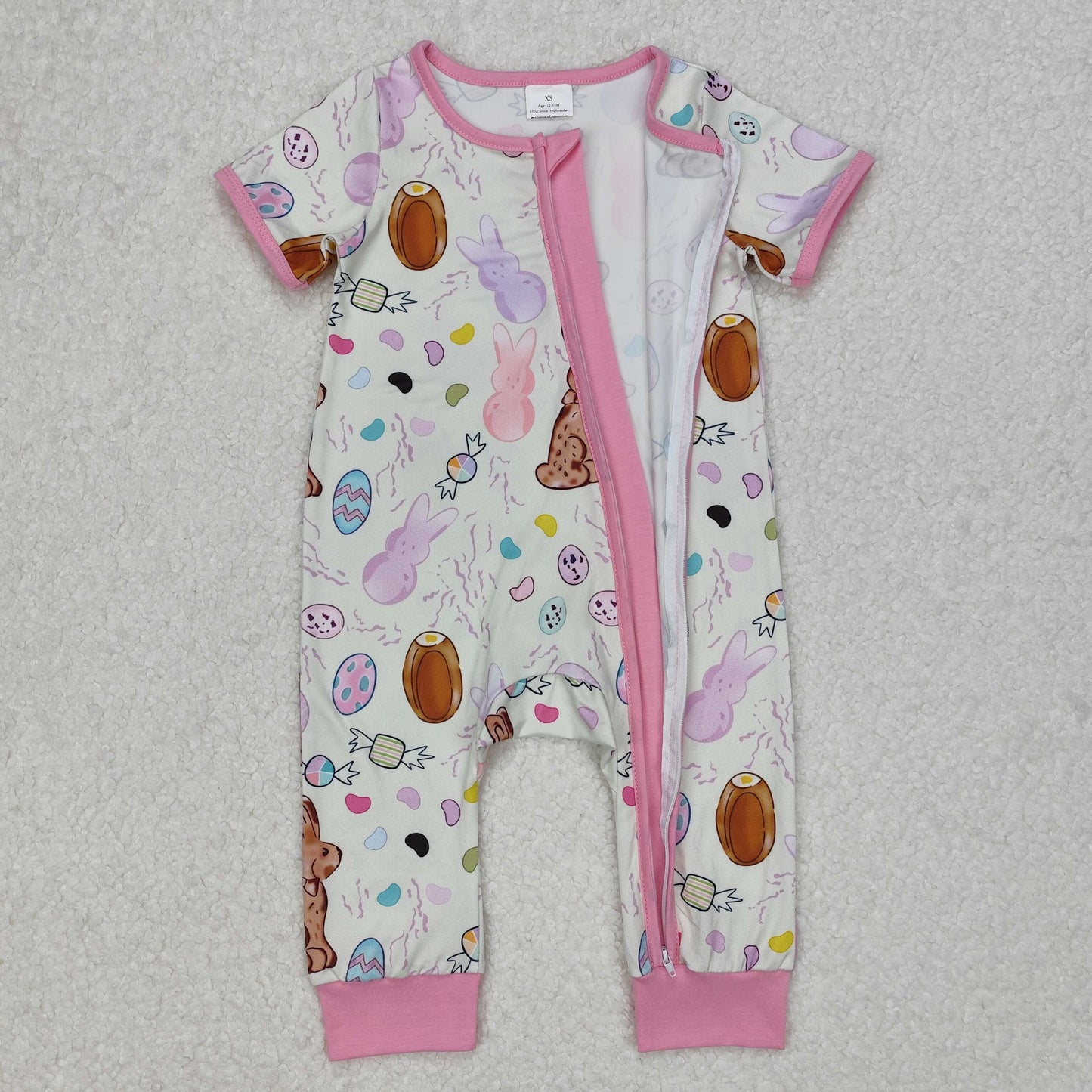 Baby Boy Infant Short Sleeves Easter Rabbits Zipper Blue Romper