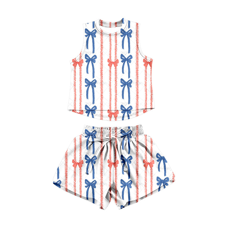 ( Moq 5 ) Preorder Baby Girls Kids Sleeveless Bows Stripes Tops Shorts Set 4th of July Clothes