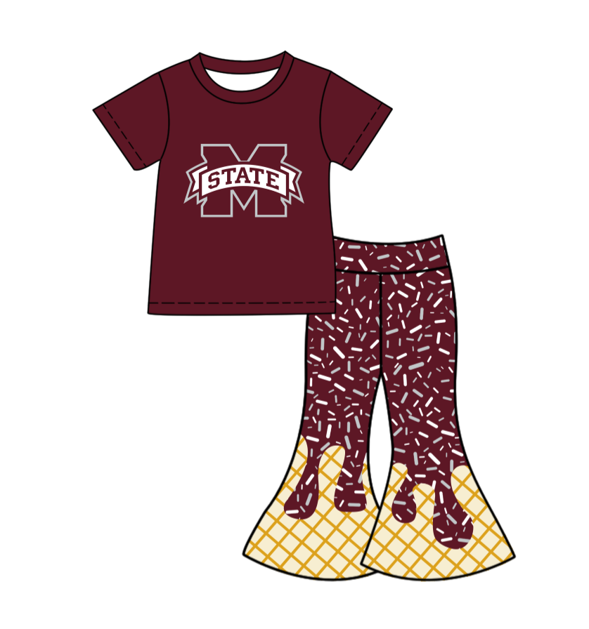 ( Moq 5 ) Baby Girls Dark Red Short Sleeves M Shirt Drip Sprinkles Bell Pants Team Clothes Set