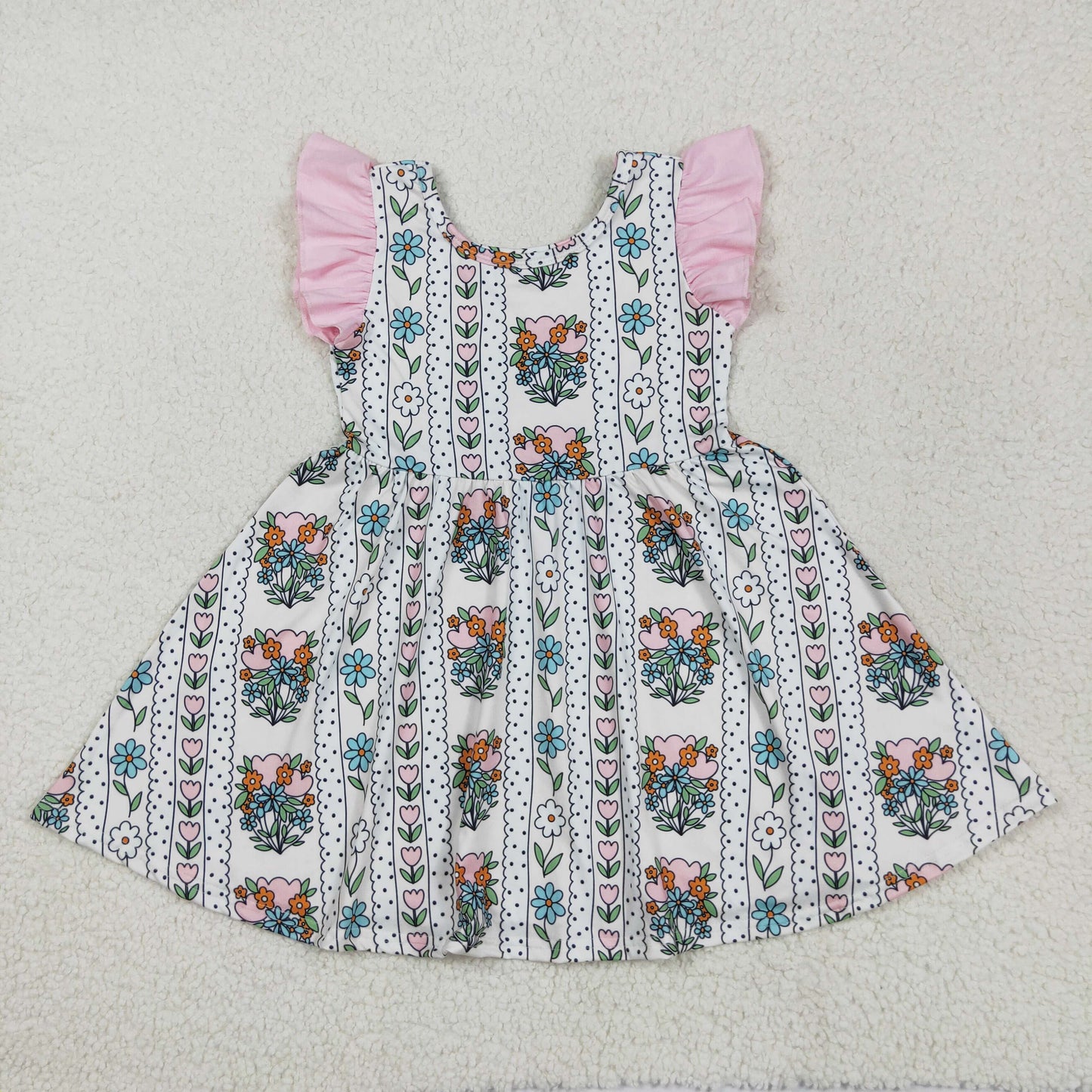 Baby Girl Short Sleeves Flower Stripes Knee Length Dress RTS