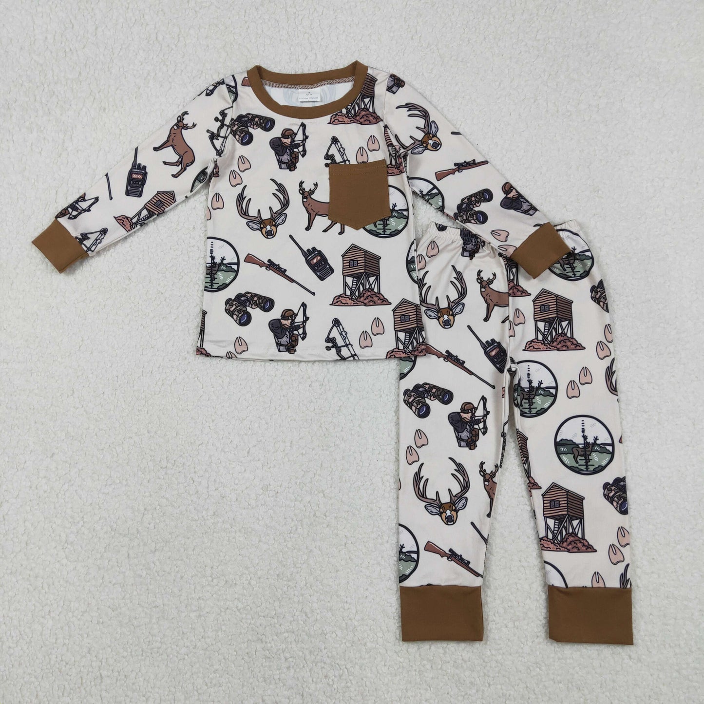 Kids Boy Long Sleeves Deer Dogs Hunting Shirt Pants Pajamas Set RTS