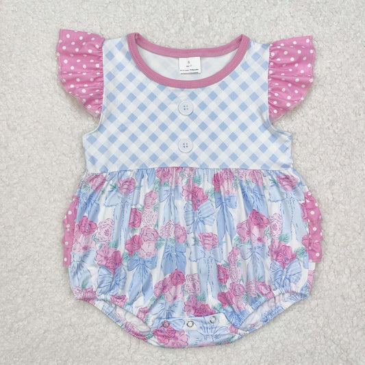 Baby Girl Infant Short Sleeves Plaid Flower Bows Bubble Romper