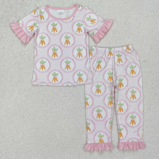 Baby Girl Short Sleeves Easter Carrots Shirt Pants Pink Pajamas Clothes Set RTS