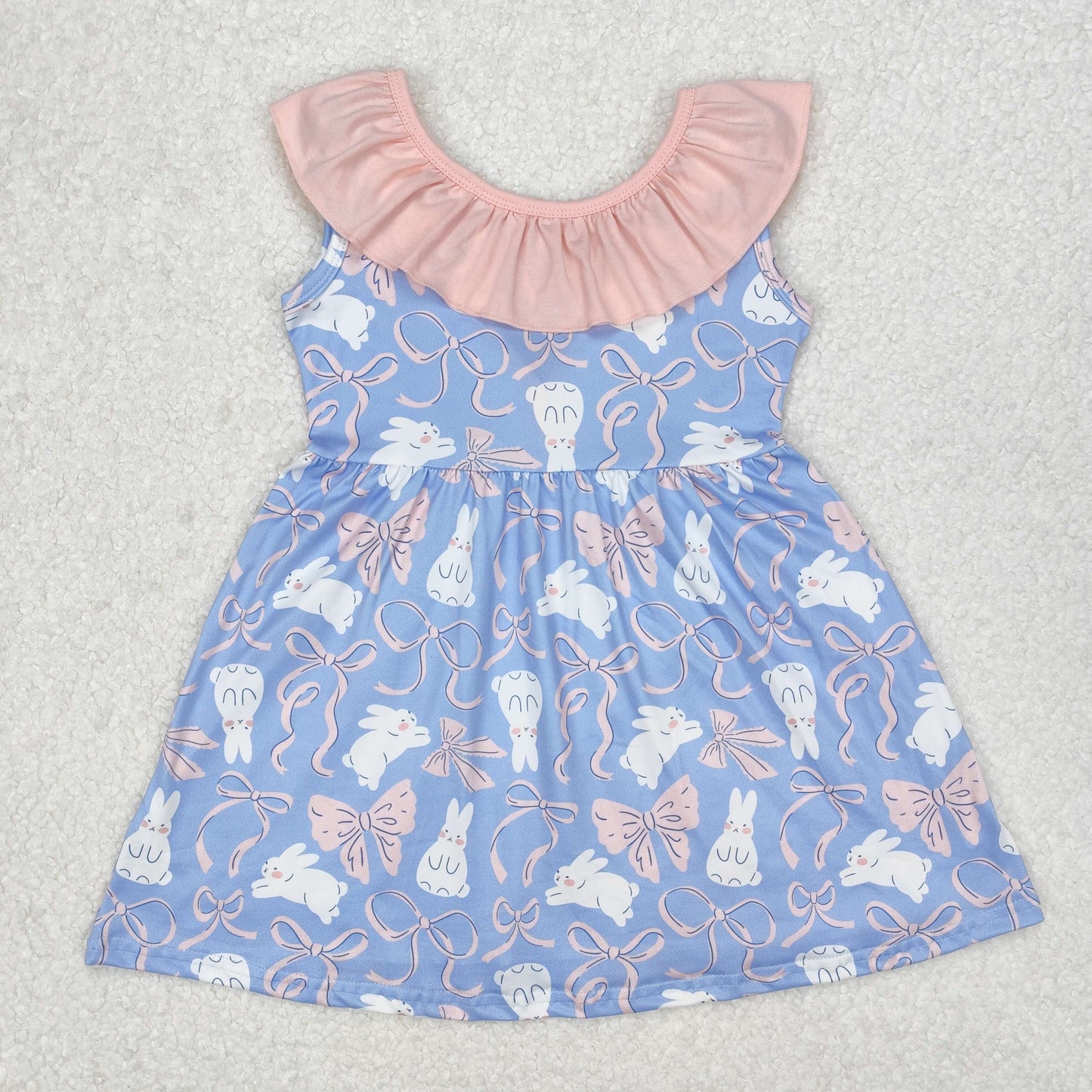 Baby Girl Sleeveless Easter Rabbits Bows Knee Length Dress RTS