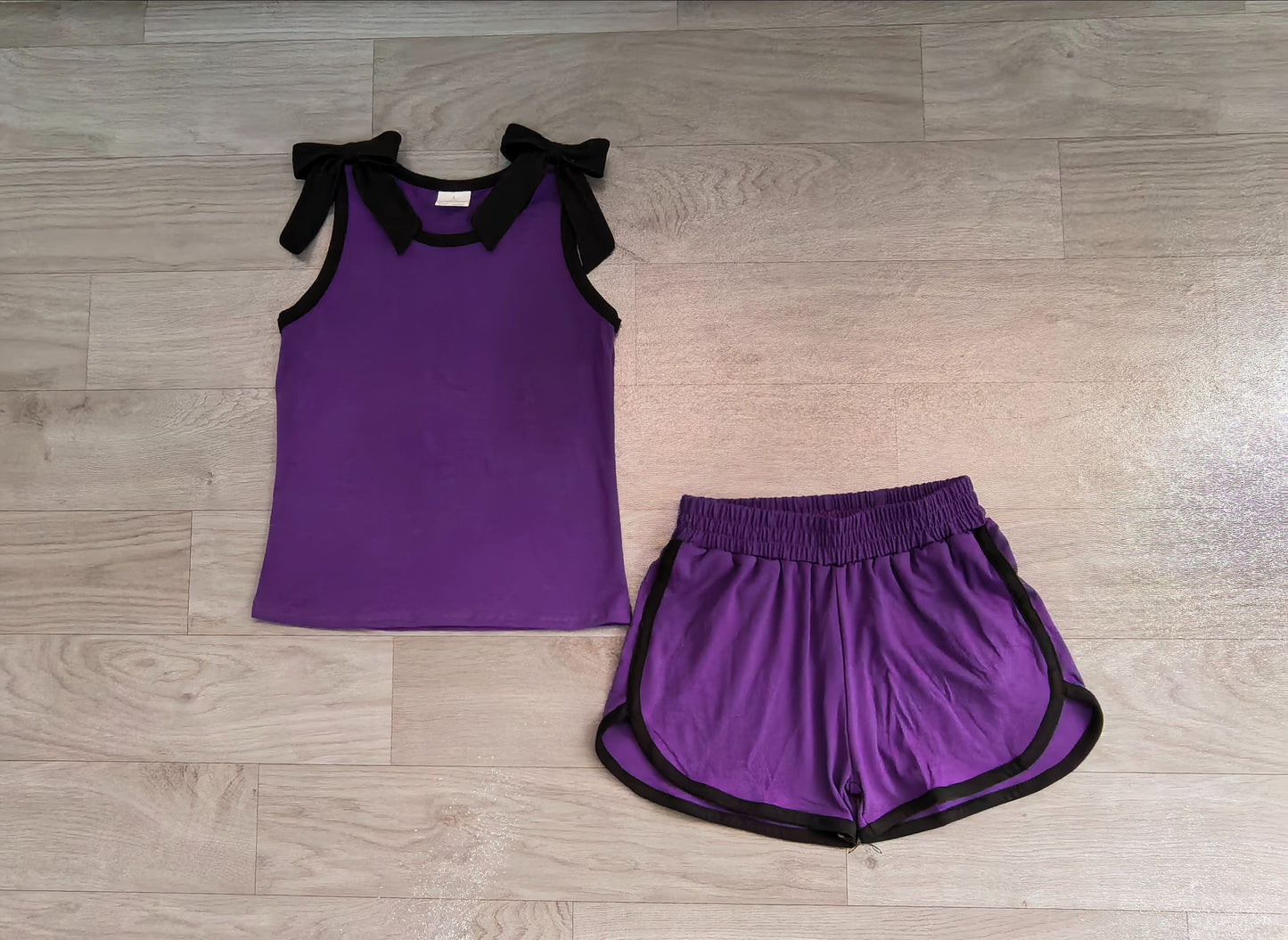 ( No moq ) Preorder Baby Girls Kids Sleeveless Black Bows Shirt Shorts Purple Set Summer Clothes