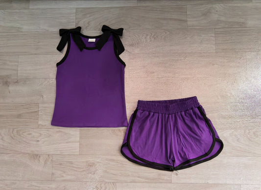 Baby Girls Kids Sleeveless Black Bows Shirt Shorts Purple Set Summer Clothes RTS