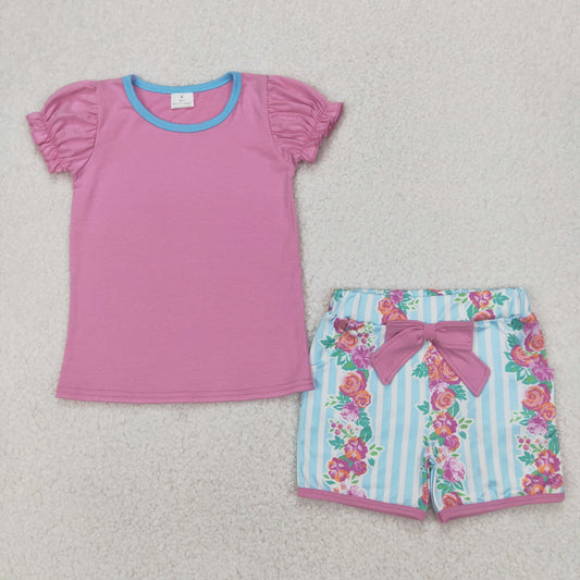 Baby Girl Short Ruffle Sleeves Purple Shirt Flower Stripes Pockets Shorts Set RTS
