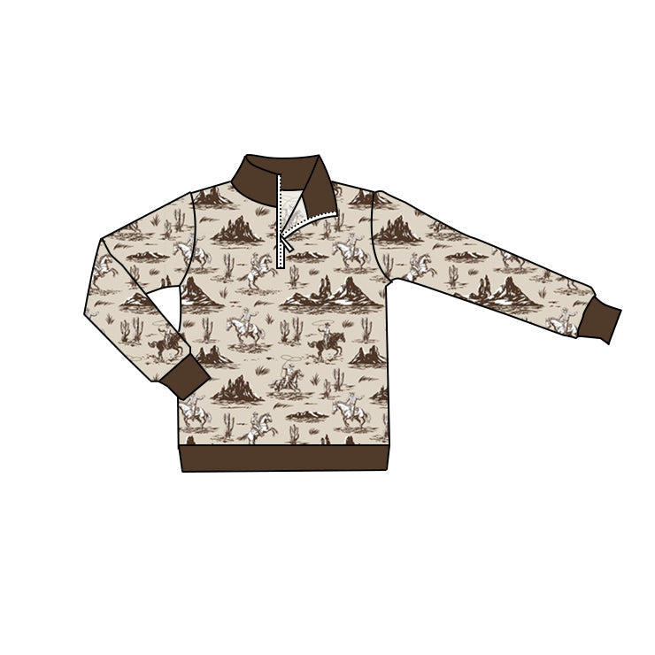 Baby Boy Long Sleeves Brown Western Rodeo Zipper Pullover Tops