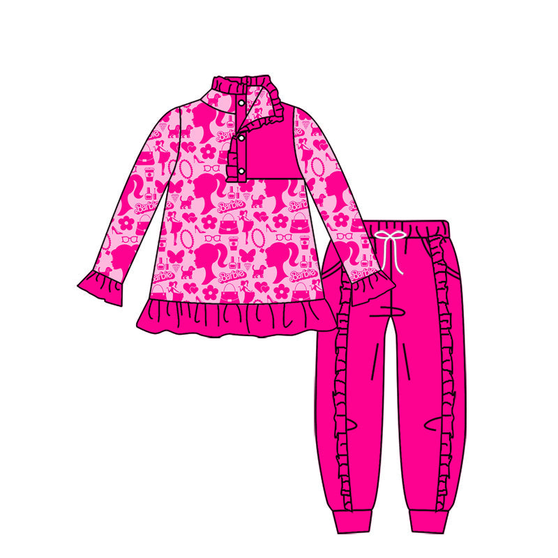 Baby Girl Long Sleeves Doll Pink Pullover Shirt Pants Clothes Set Moq 5