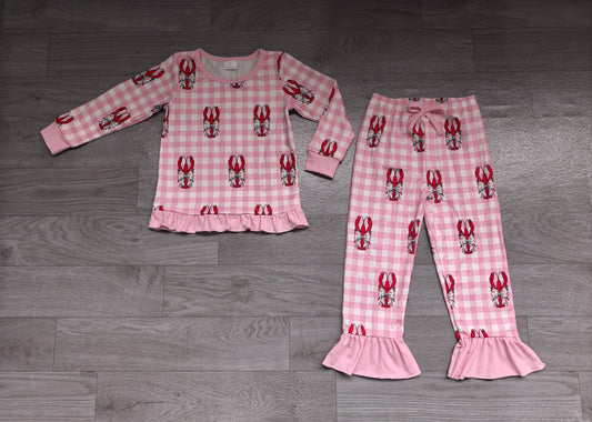 ( No moq ) Preorder Baby Girls Kids Crayfish Bows Pink Plaid Shirt Pockets Pants Set Clothes
