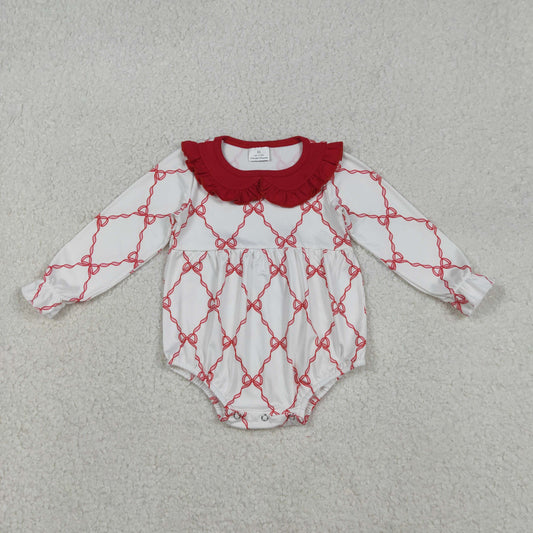 Baby Girls Infant Long Sleeves Red Bows Ruffle Bubble Romper RTS