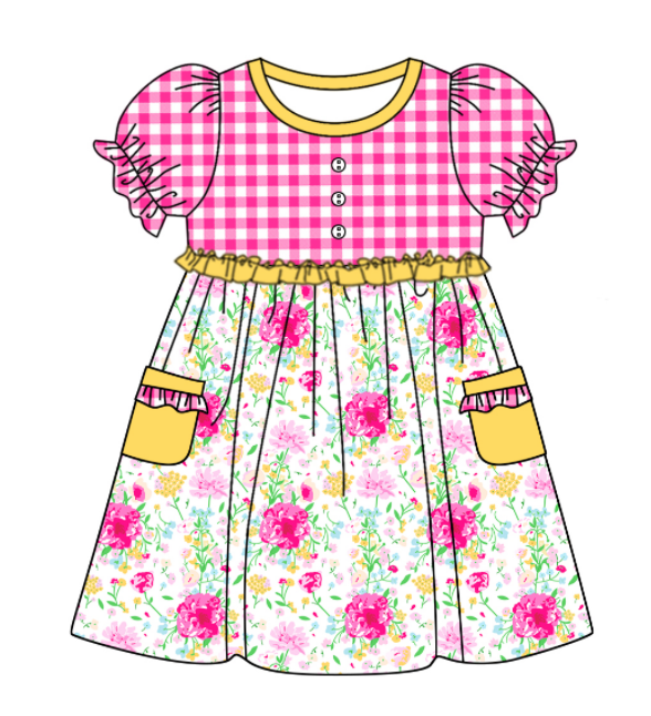 Baby Girl Short Sleeves Flower Pink Plaid Sibling Romper Dress Clothes Set ( Moq 5 Each Design )11.19