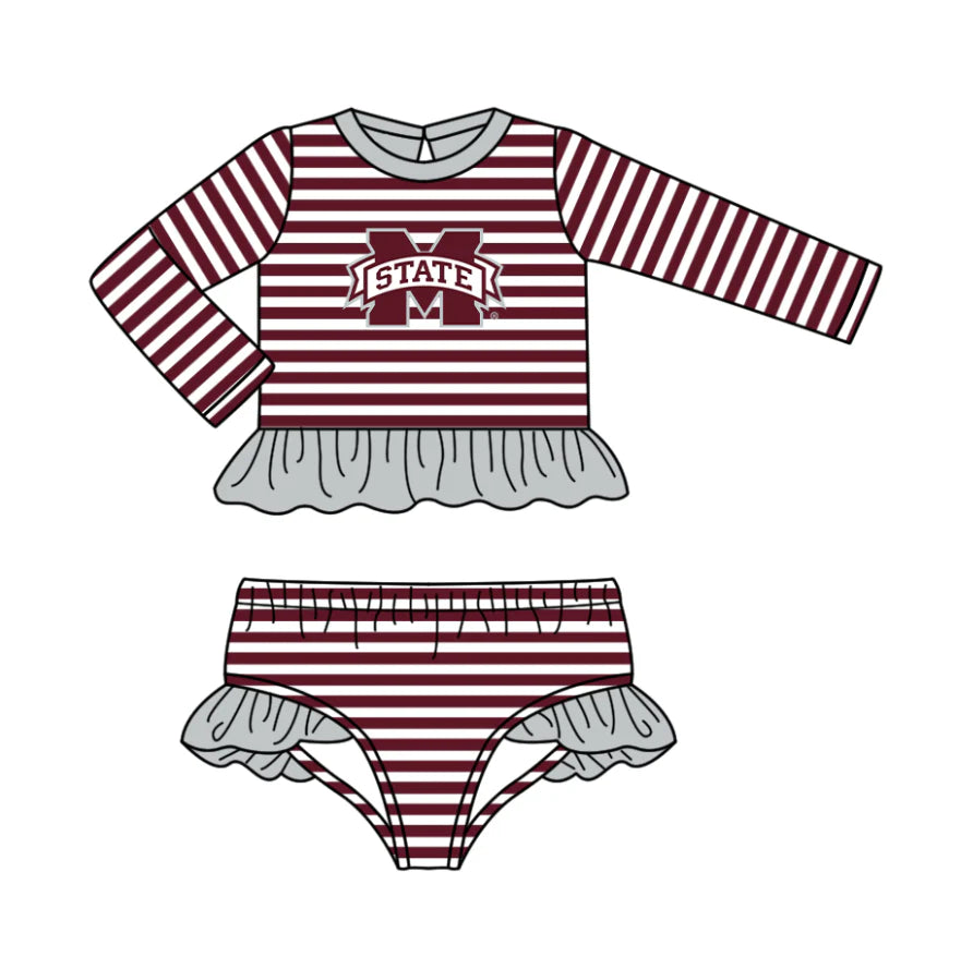 ( Moq 5 ) Baby Girls Long Sleeves M State Ruffle Tops Stripes Shorts Team Set Swimsuit