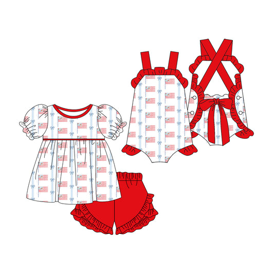 ( Moq 5 Each Style ) Sibling Baby Girls Kids Flags Bows Romper Set 4th of July Red Clothes