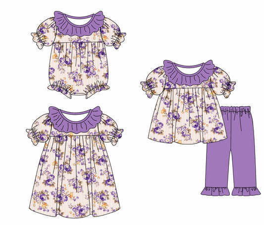 ( Moq 5 Each Style ) Baby Girl Toddler Short Sleeves Flower Purple Ruffle Sibling Romper Dress Set 4.26
