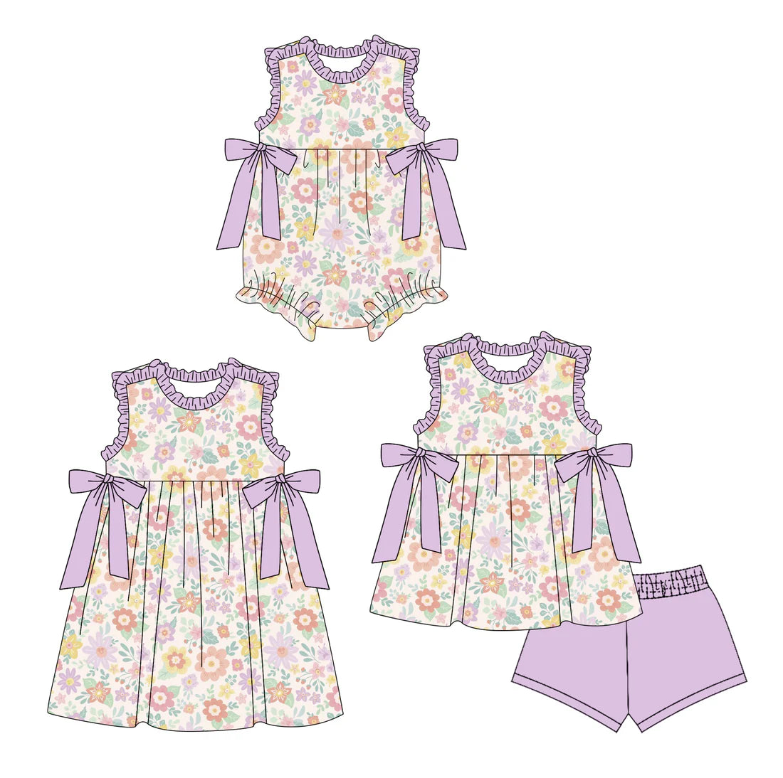( Moq 5 Each Style ) Baby Girls Kids Flower Purple Bows Sibling Romper Dress Set