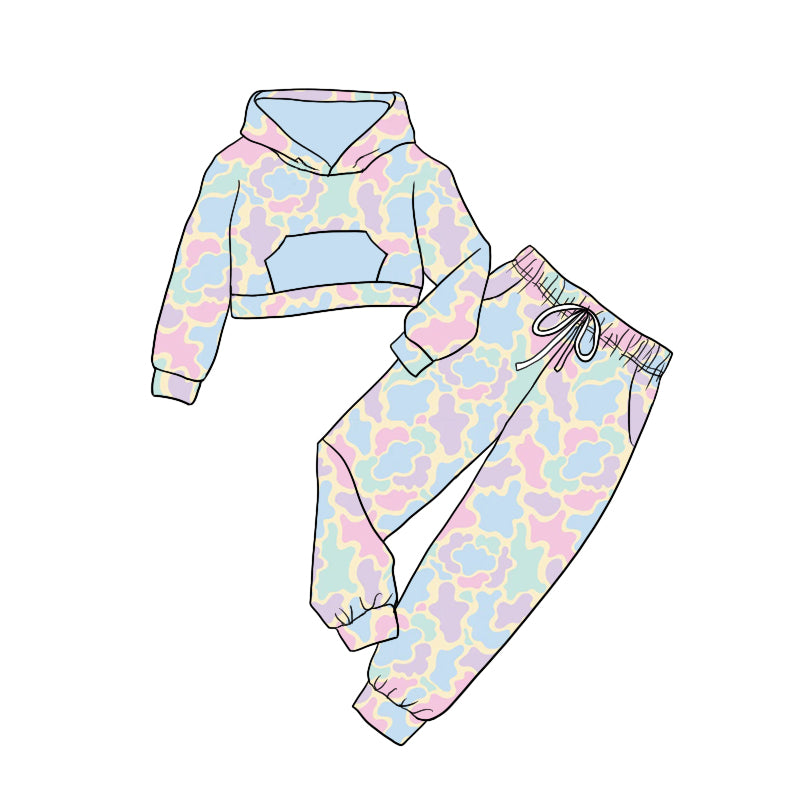 Baby Girl Long Sleeves Camo Blue Hoodie Pocket Shirt Pants Colorful Set