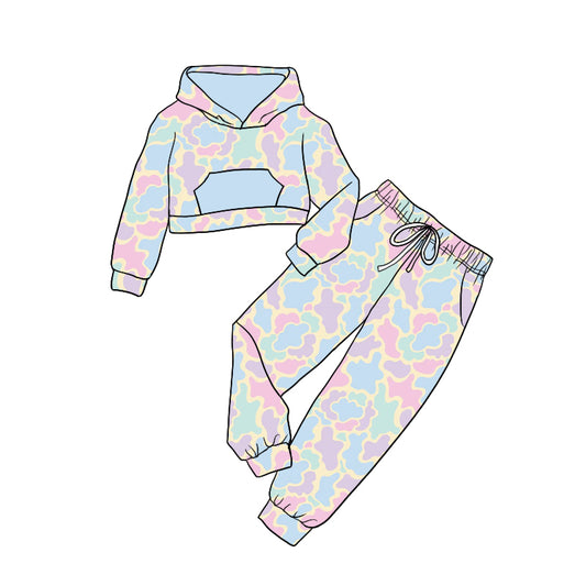 Baby Girl Long Sleeves Camo Blue Hoodie Pocket Shirt Pants Colorful Set