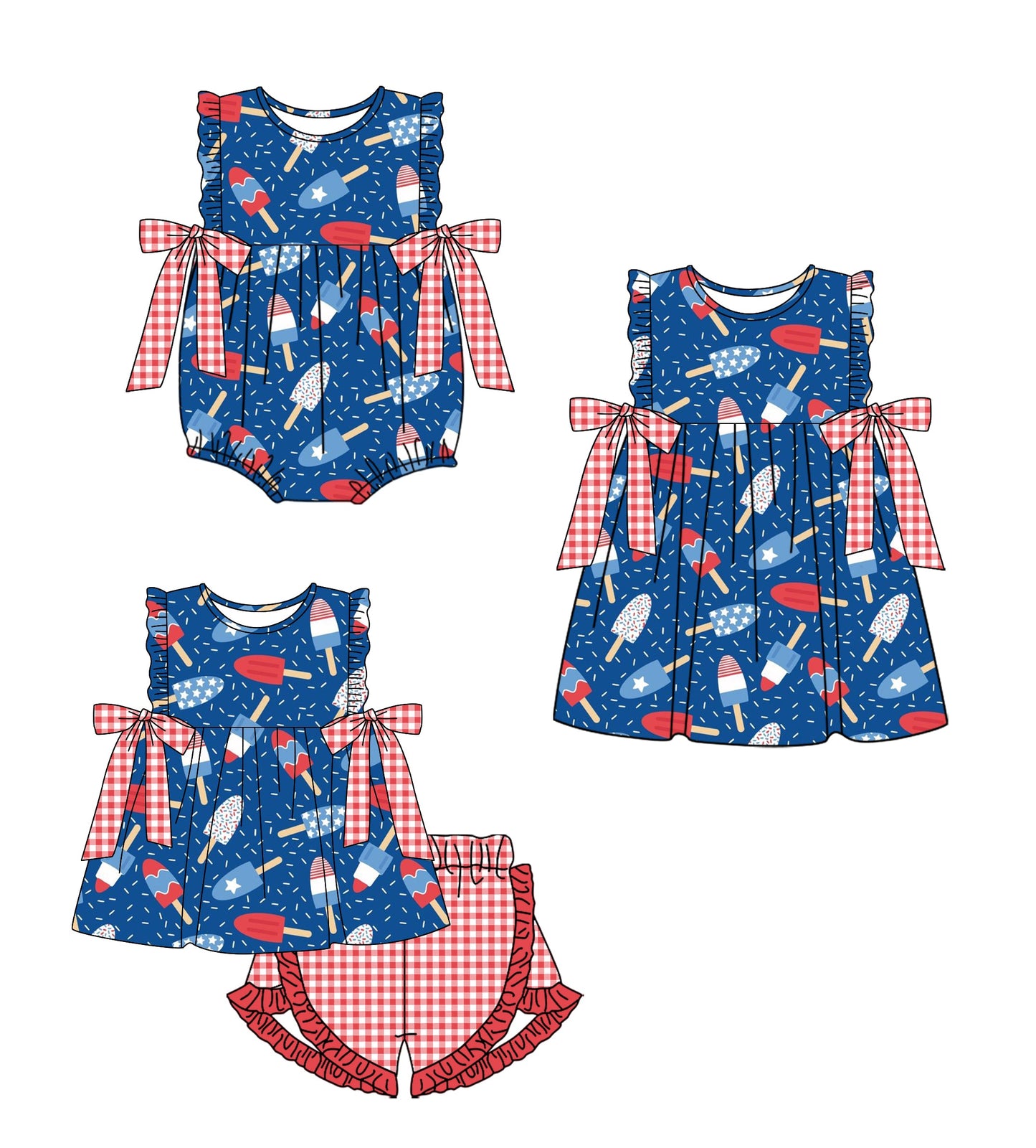 Baby Girl Popsicles July 4th Bows Sibling Romper Dress Set ( Moq 5 Each Style ) 2.11