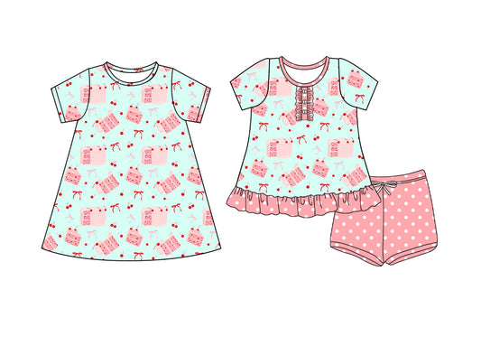 ( Moq 5 Each Style ) Baby Girl Short Sleeves Cakes Bows Sibling Dress Set 4.17