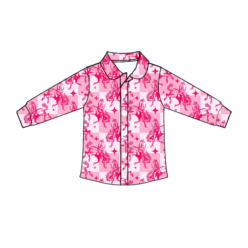 ( Moq 5 ) Baby Boy Pink Checked Long Sleeves Horse Rodeo Button Shirt Tops