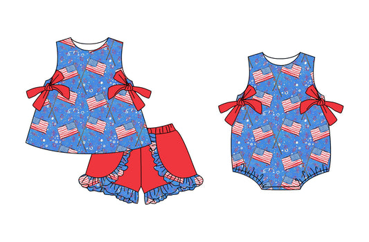 Baby Girl Red Bows July 4th Flags Sibling Romper Set ( Moq 5 Each Style ) 3.3