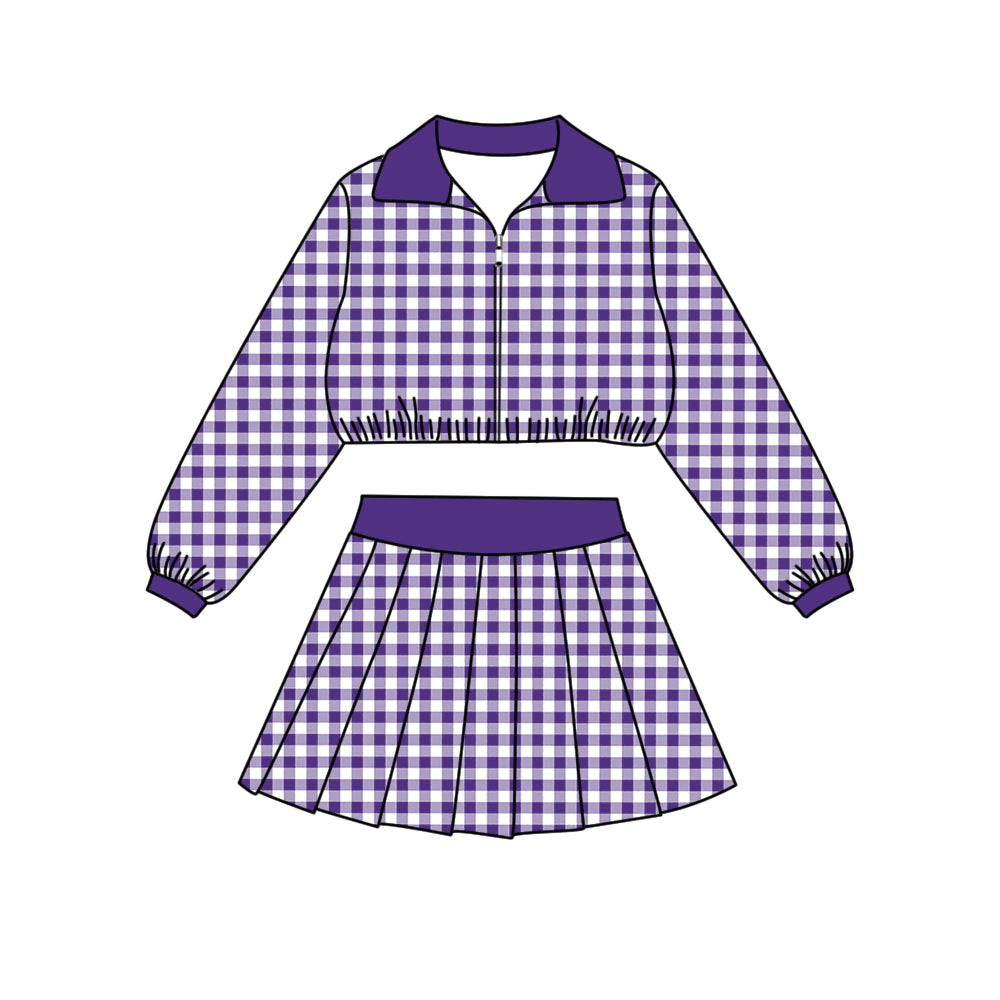 ( Moq 5 ) Baby Girls Kids Long Sleeves Black Plaid Zipper Tops Skirt Shorts Set Clothes